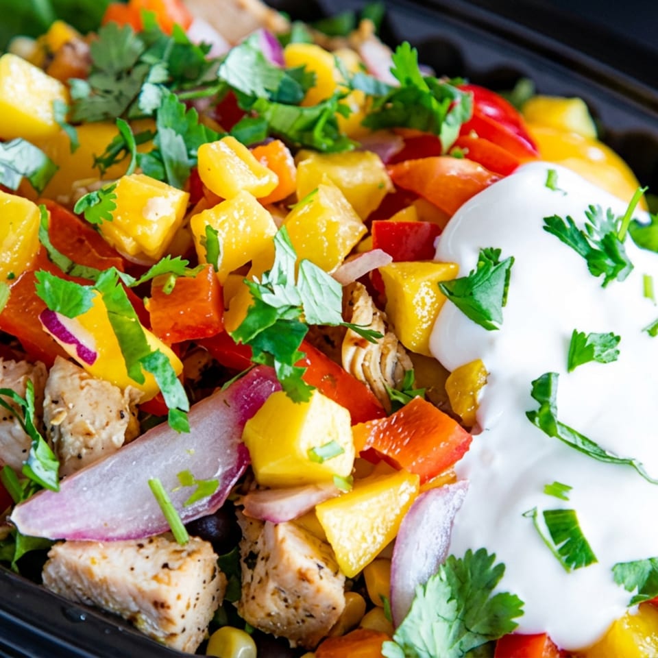 Colorful grilled chicken salad with mango, peppers, red onion, greens, cilantro, and creamy white dressing in a black bowl.