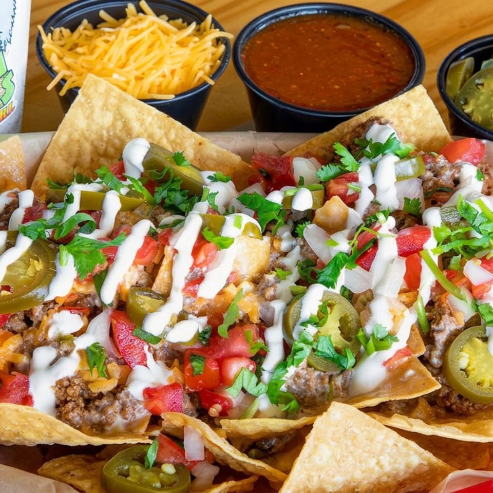 Loaded nachos topped with seasoned beef, cheese, tomatoes, jalapeños, cilantro, and sour cream, served with queso, salsa, and a Nom Nom Mexican Grill cup.