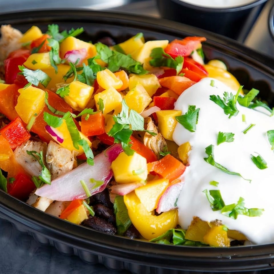 Colorful grilled chicken salad with diced vegetables, fresh cilantro, and creamy white sauce in a black bowl, served with pickles.