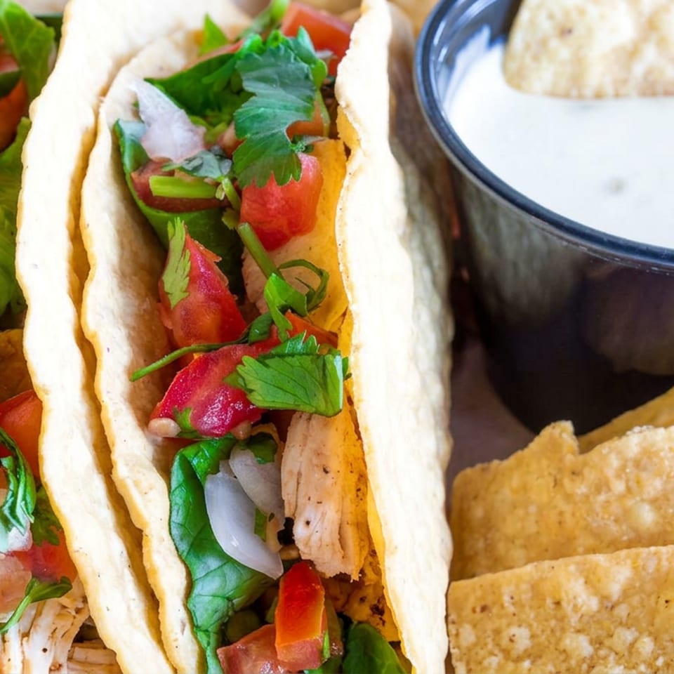 Two soft tacos filled with chicken, tomatoes, onions, and cilantro beside tortilla chips and creamy dipping sauce.