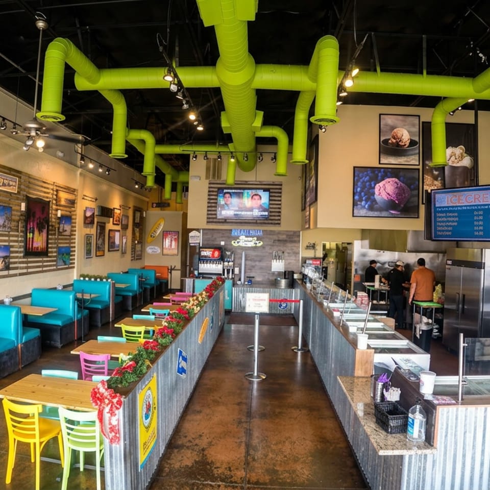 Colorful ice cream shop interior with turquoise booths, bright ductwork, surf-themed artwork, display counters, and employees behind the service area.