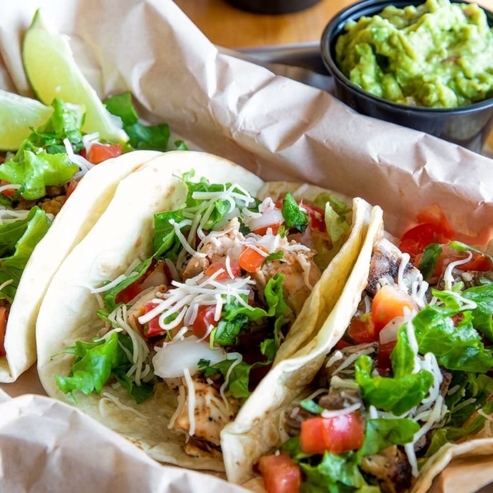 Three soft tacos filled with seasoned meat, lettuce, tomatoes, onions, and cheese, served with lime wedges, guacamole, and tortilla chips.
