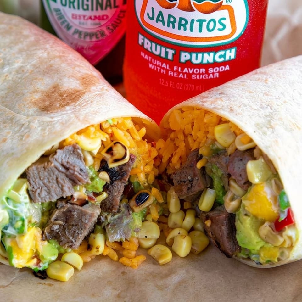 Two steak burritos filled with rice, corn, beans, guacamole, cheese, and vegetables beside Jarritos fruit punch soda.