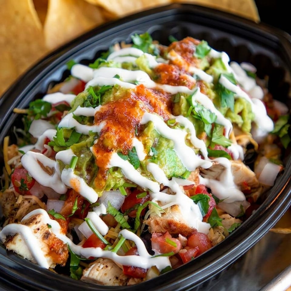 Loaded Mexican bowl with grilled chicken, rice, guacamole, salsa, cilantro, and crema beside tortilla chips and black beans.