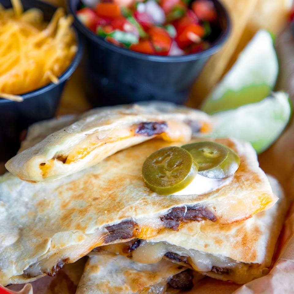 Stacked toasted quesadillas with melted cheese, steak, and jalapeño slices, served with shredded cheese, salsa, and guacamole.