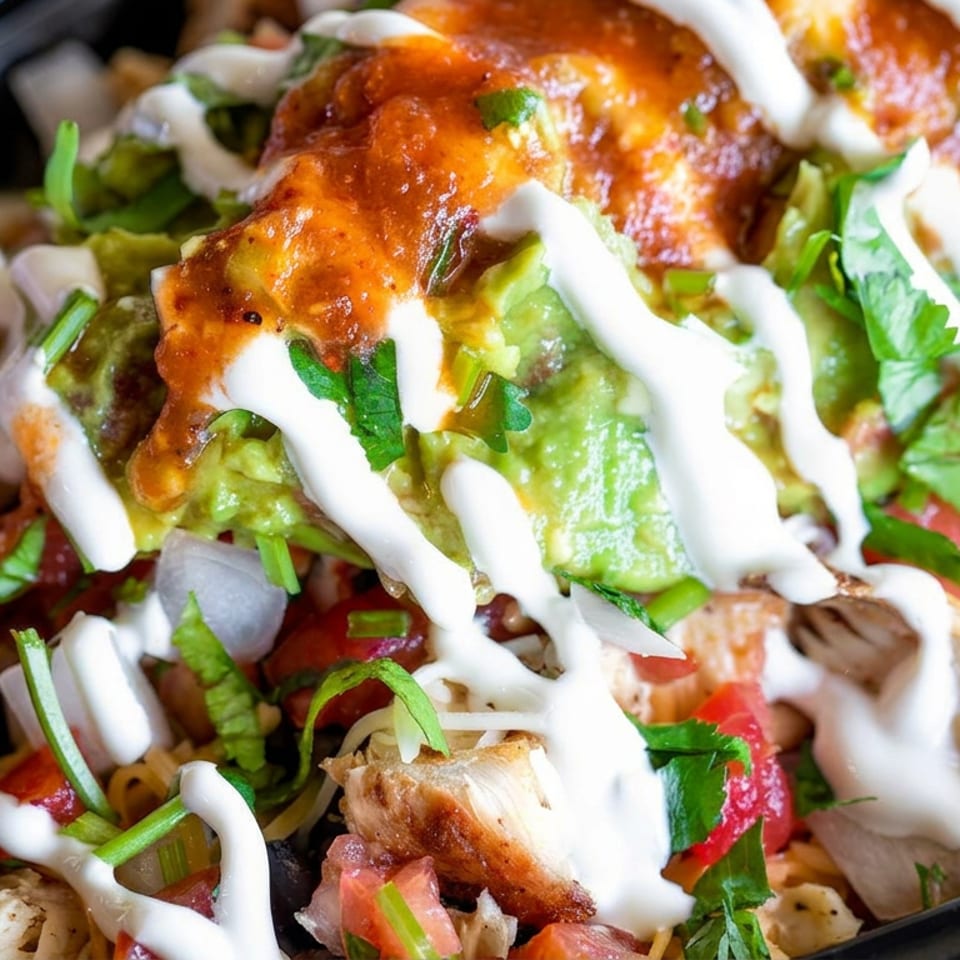 Loaded Mexican-style nachos topped with guacamole, grilled chicken, salsa, cilantro, and drizzled white sauce in a black serving dish.