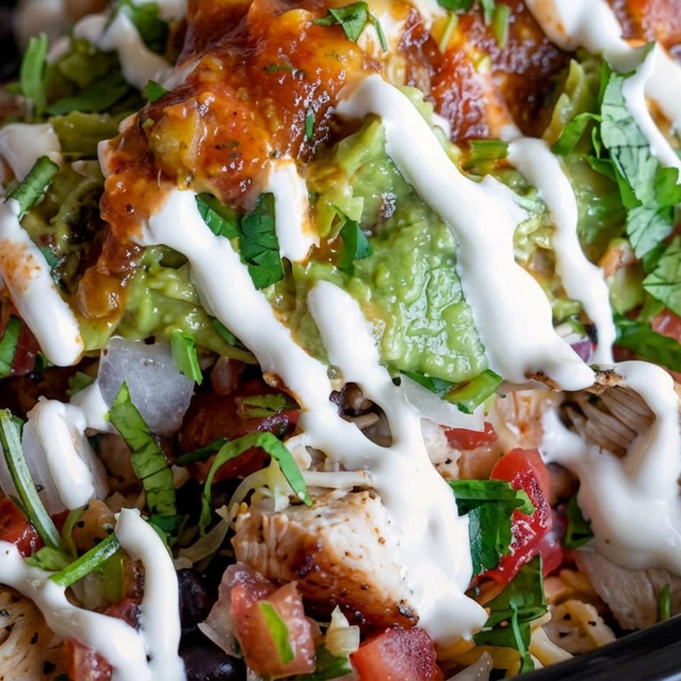 Loaded nachos topped with grilled chicken, guacamole, salsa, cilantro, and drizzled sour cream.